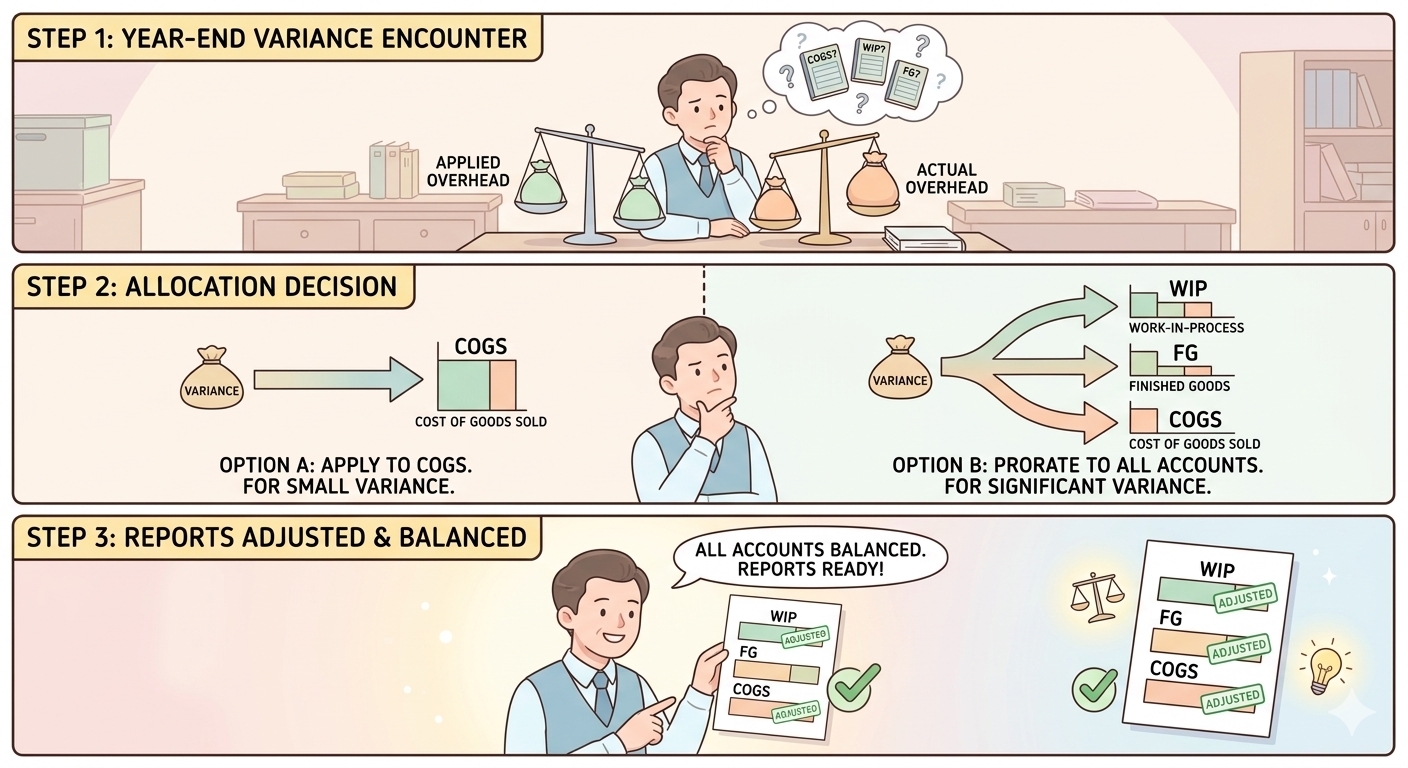 allocation of overhead variances to wip or fg or cogs